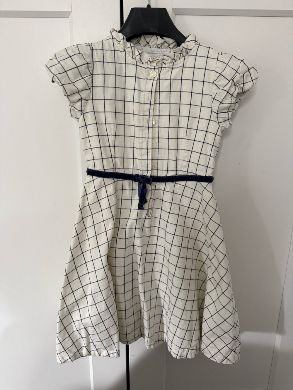 Hope & Henry Girls White and Navy Windowpane Dress with Bow belt 6 years